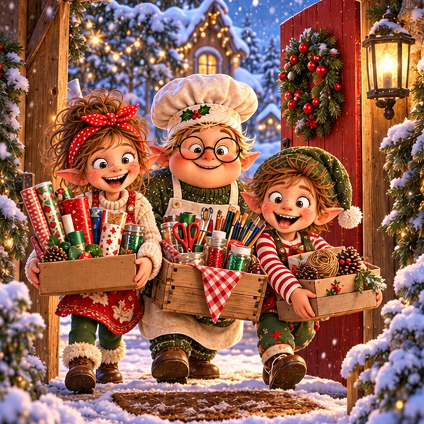 Poppy, Jolly Joe and Biscuit carrying boxes of creative supplies through a snowy Christmas doorway